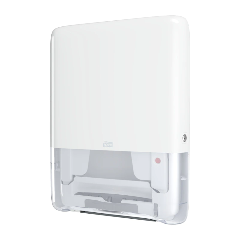 Der Tork PeakServe® Mini Endlos Handtuchspender H5 von Essity Professional Hygiene Germany GmbH ist ein weißer, wandmontierter Papierhandtuchspender mit elegantem Design, der sich perfekt für stark frequentierte Waschräume eignet. Er verfügt über einen transparenten unteren Bereich zur einfachen Überwachung des Papierstands und ein Schlüsselschloss in der oberen rechten Ecke. Er bietet eine ähnliche Effizienz wie die bekannten Tork PeakServe-Produkte.