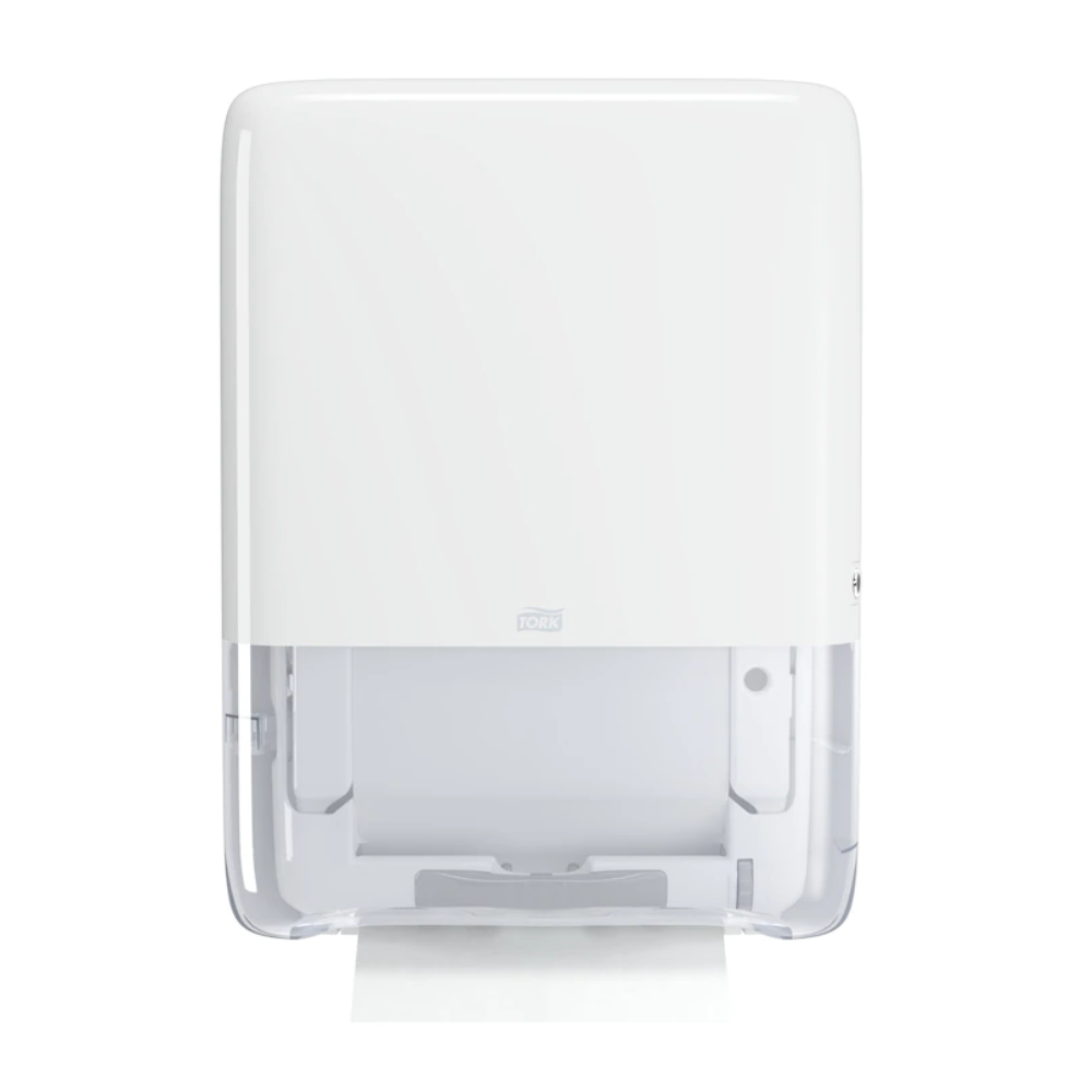 Der Tork PeakServe® 552550 Mini Endlos-Handtuchspender H5, hergestellt von TORK – Essity Professional Hygiene Germany GmbH, ist ein weißes Wandgerät mit transparentem Unterteil, in dem ein einzelnes Blatt Papierhandtuch Platz findet. Sein schlankes und modernes Design macht ihn ideal für stark frequentierte Waschräume.