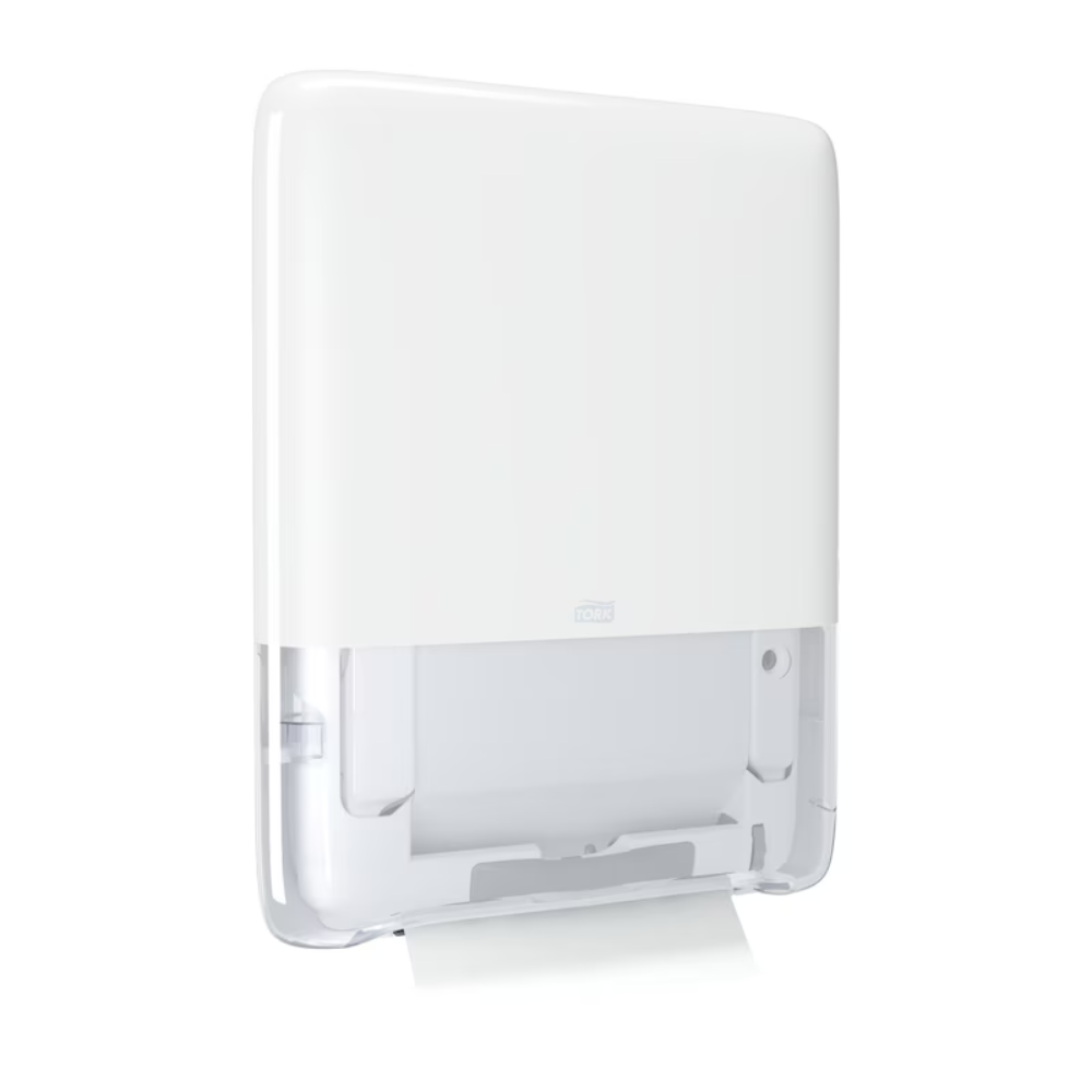 Der Tork PeakServe® 552550 Mini Endlos-Handtuchspender H5 von TORK – Essity Professional Hygiene Germany GmbH ist ein weißer, wandmontierter Papierhandtuchspender für stark frequentierte Waschräume. Er verfügt über einen transparenten unteren Teil und ein effizientes Design, das durch ein Blatt Papier erkennbar ist, das unten herausragt, wenn das Gerät leer ist.