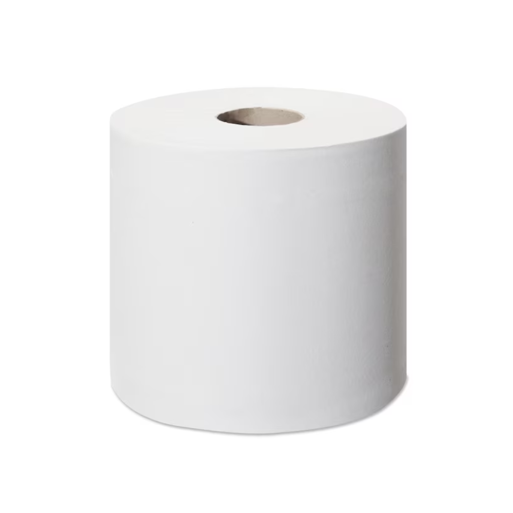 Eine einzelne, unverpackte Rolle Tork SmartOne® 472193 Mini Toilettenpapier Advanced T9 2-lagig mit Kartonkern vor schlichtem weißen Hintergrund veranschaulicht das Engagement von TORK – Essity Professional Hygiene Germany GmbH für Effizienz. Dieses Design trägt zur Reduzierung des Toilettenpapierverbrauchs bei und ermöglicht eine hygienische Einzelblattausgabe.