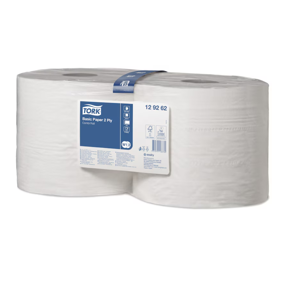 Zwei große Rollen weißes, 2-lagiges Toilettenpapier sind zusammen in einer transparenten Verpackung verpackt. Auf der Vorderseite befindet sich ein blaues Etikett mit der Aufschrift „Tork 128408 Standard-Papierwischtücher Universal W1 2-lagig“ sowie Produktdetails und Symbolen, ideal für verschiedene Reinigungsaufgaben oder als vielseitig einsetzbares Papierwischtuch.