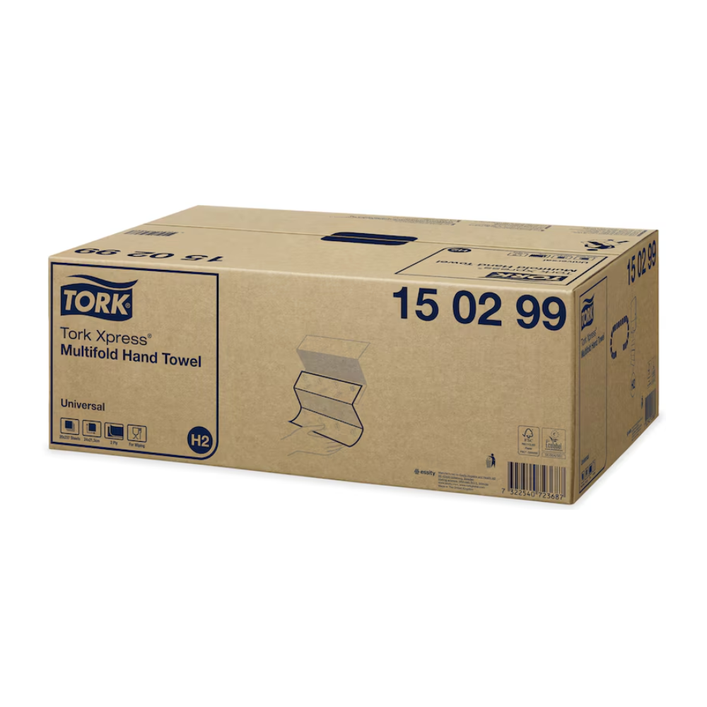 Ein Karton Tork Xpress® 150299 Multifold-Handtücher Universal H2 2-lagig mit den Maßen 23,4 cm und 20 Packungen ist mit Produktdetails und der Nummer 15 02 99 beschriftet. Auf dem Karton ist eine Abbildung der Handtuchkonfiguration zu sehen, die das hervorragende Preis-Leistungs-Verhältnis hervorhebt, sowie mehrere Markenzeichen und Recyclingsymbole.