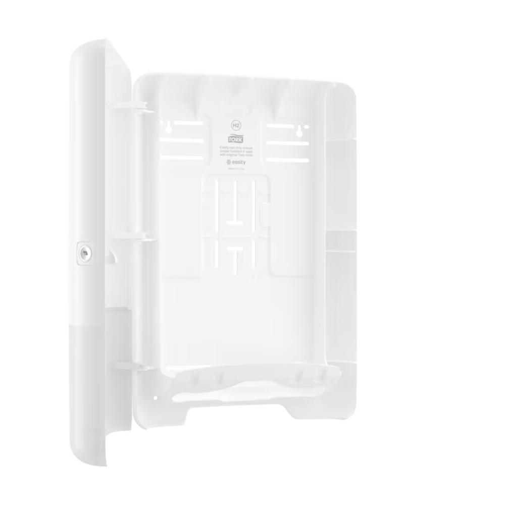 Der Tork Xpress® 552000 Spender für Multifold Handtücher H2 von Essity Professional Hygiene Germany GmbH ist ein weißes, offenes, rechteckiges Kunststoffgehäuse mit einer Klapptür und mehreren Montageschlitzen im Inneren, das speziell für Tork Xpress-Produkte entwickelt wurde. Es verfügt über ein Schlüsselloch auf der linken Seite zur Sicherheit und verfügt im Inneren über mehrere kleine Halterungen zur effizienten Organisation von Kabeln oder Komponenten.