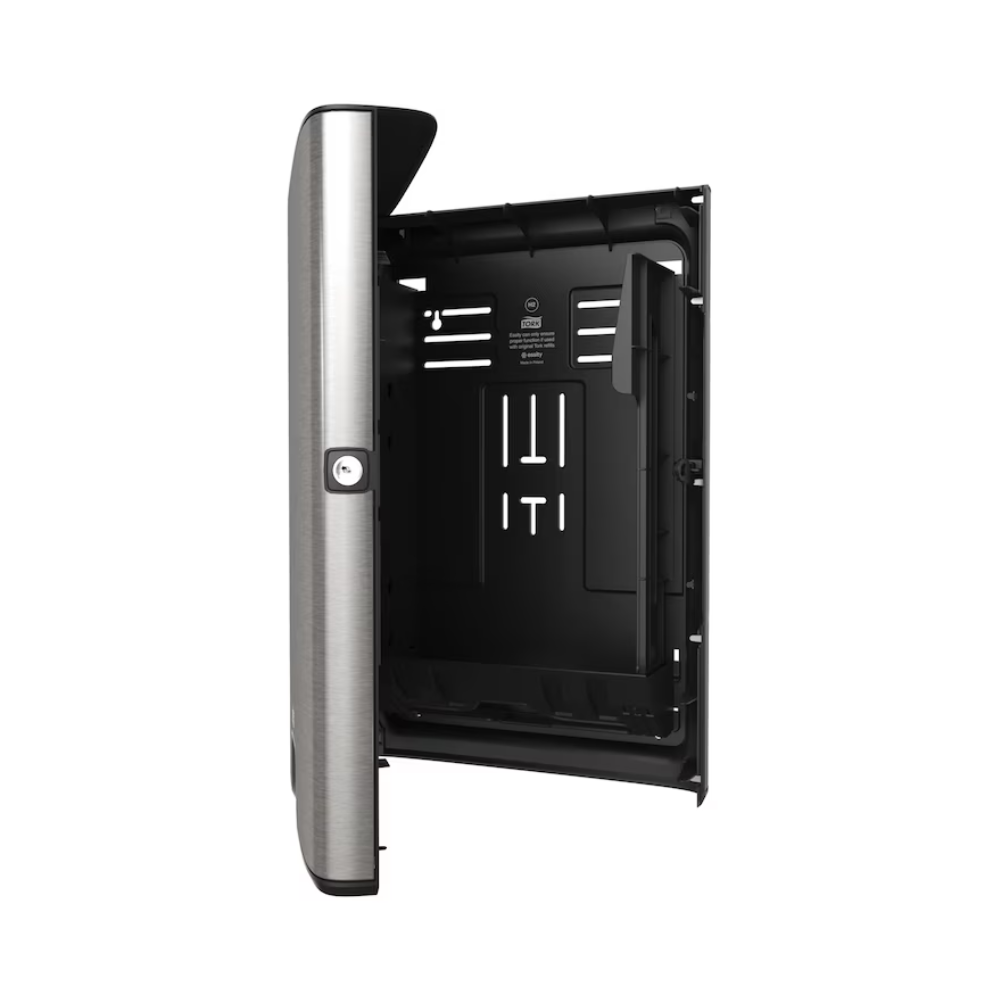 Der von Essity Professional Hygiene Germany GmbH angebotene Tork Xpress® 460004 Spender für Falthandtücher aus der Image Line H2-Kollektion verfügt über ein offenes und leeres Gehäuse mit modernem vertikalem Design und einer CO2-neutralen Metallic-Oberfläche auf der linken Seite. Sein schwarzer Innenraum ist mit Fächern und Belüftungsöffnungen ausgestattet und wird durch eine Klapptür ergänzt, die seine Funktionalität erhöht.