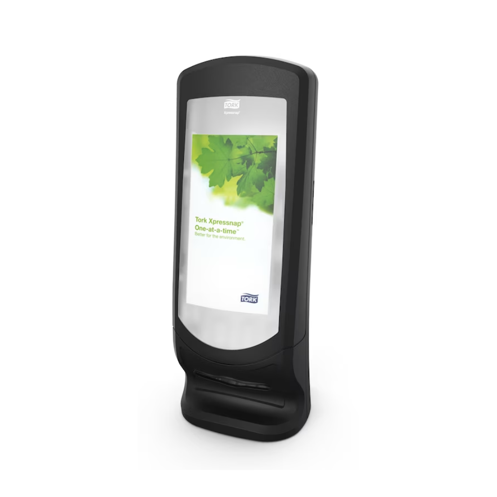Ein Tork Xpressnap® 272211 Steh- und Wandspender N4 mit einem Blattdesign auf dem vorderen Etikett. Dieser Spender wird von TORK – Essity Professional Hygiene Germany GmbH hergestellt und ist für die Ausgabe einzelner Servietten konzipiert, wodurch die Hygiene in jeder Umgebung verbessert wird.