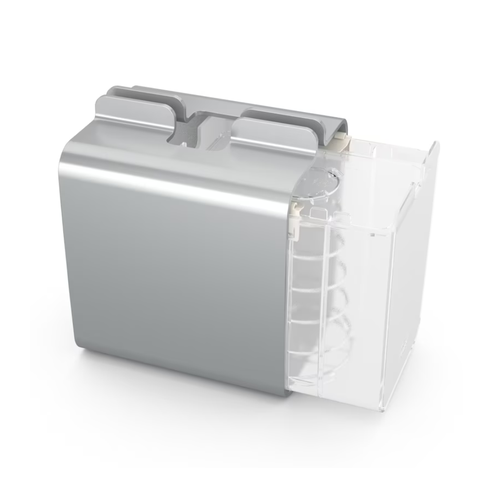 Der Tork Xpressnap® 274002 Serviettenspender aus Aluminium von Essity Professional Hygiene Germany GmbH ist ein silbernes, rechteckiges Küchenzubehör mit einem transparenten Fach auf der rechten Seite. Der metallische Teil verfügt oben über zwei Nuten zur Befestigung, und der durchsichtige Teil fungiert als Behälter oder Rutsche, was ihn perfekt für Selbstbedienungsrestaurants macht.