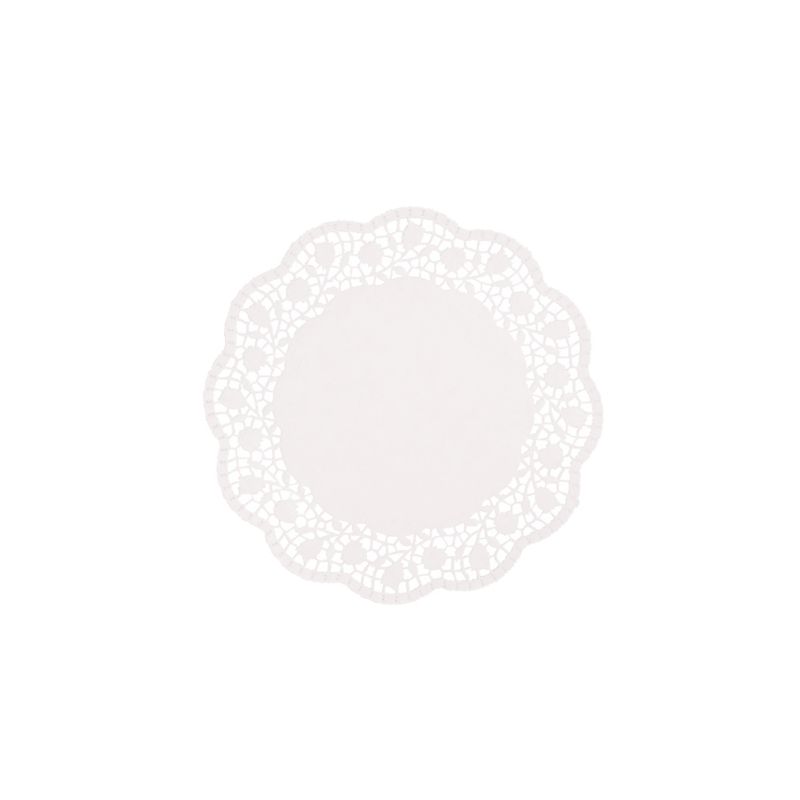 Ein rundes, weißes Deckchen der PAPSTAR GmbH mit einem aufwendigen spitzenartigen Muster an den Rändern, das an traditionelle Tortenspitzen erinnert, auf einem schlichten weißen Hintergrund. Das Produkt heißt PAPSTAR Tortenspitzen rund weiß.