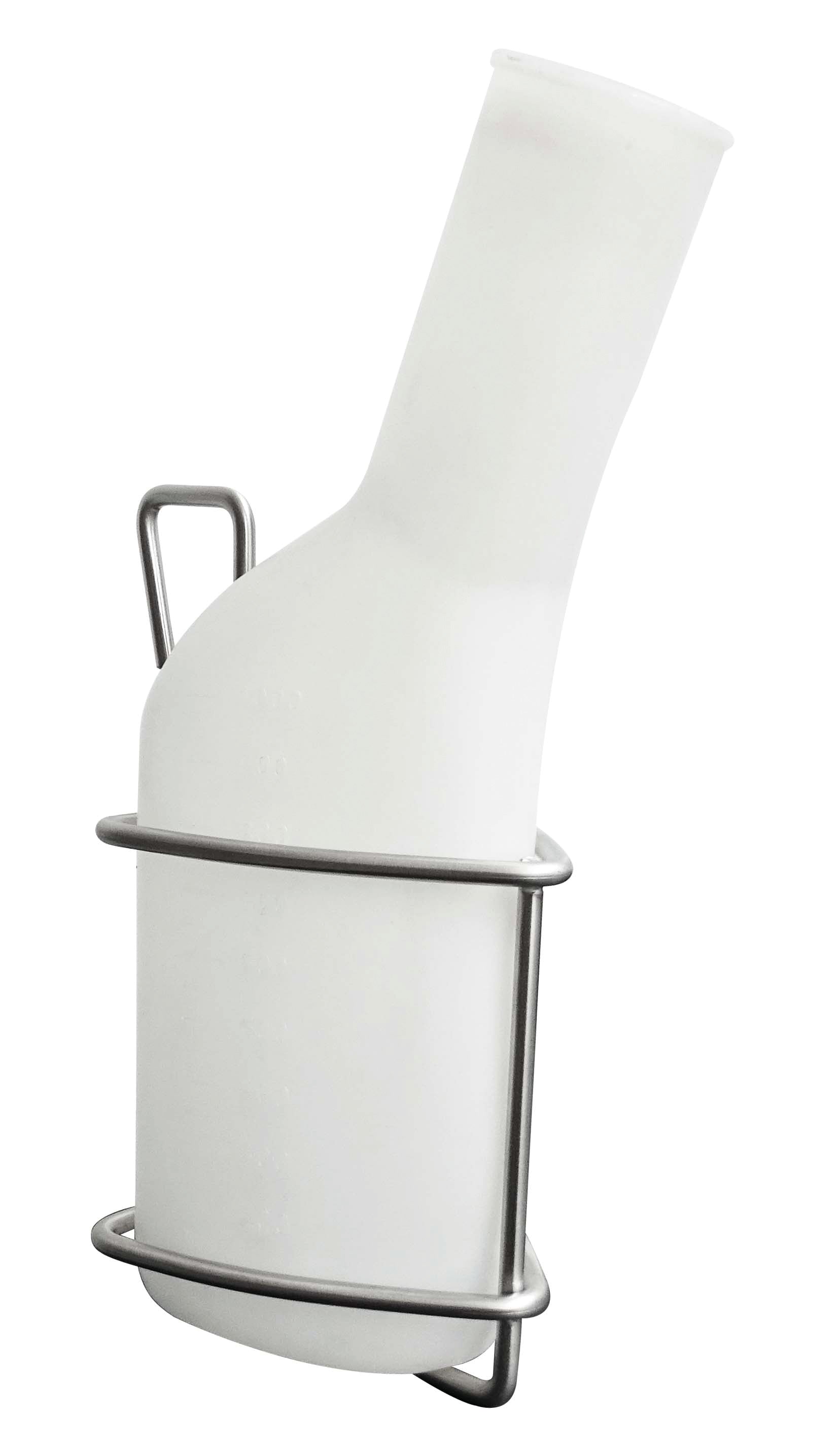 Ein weißes Männerurinal aus Kunststoff mit langem, abgewinkeltem Hals und Messmarkierungen passt in die Novocal Edelstahl Urinflaschenhalterung, die am Patientenbett befestigt wird; Griff an der Rückseite zur einfachen Handhabung. Packung: 1 Stück.