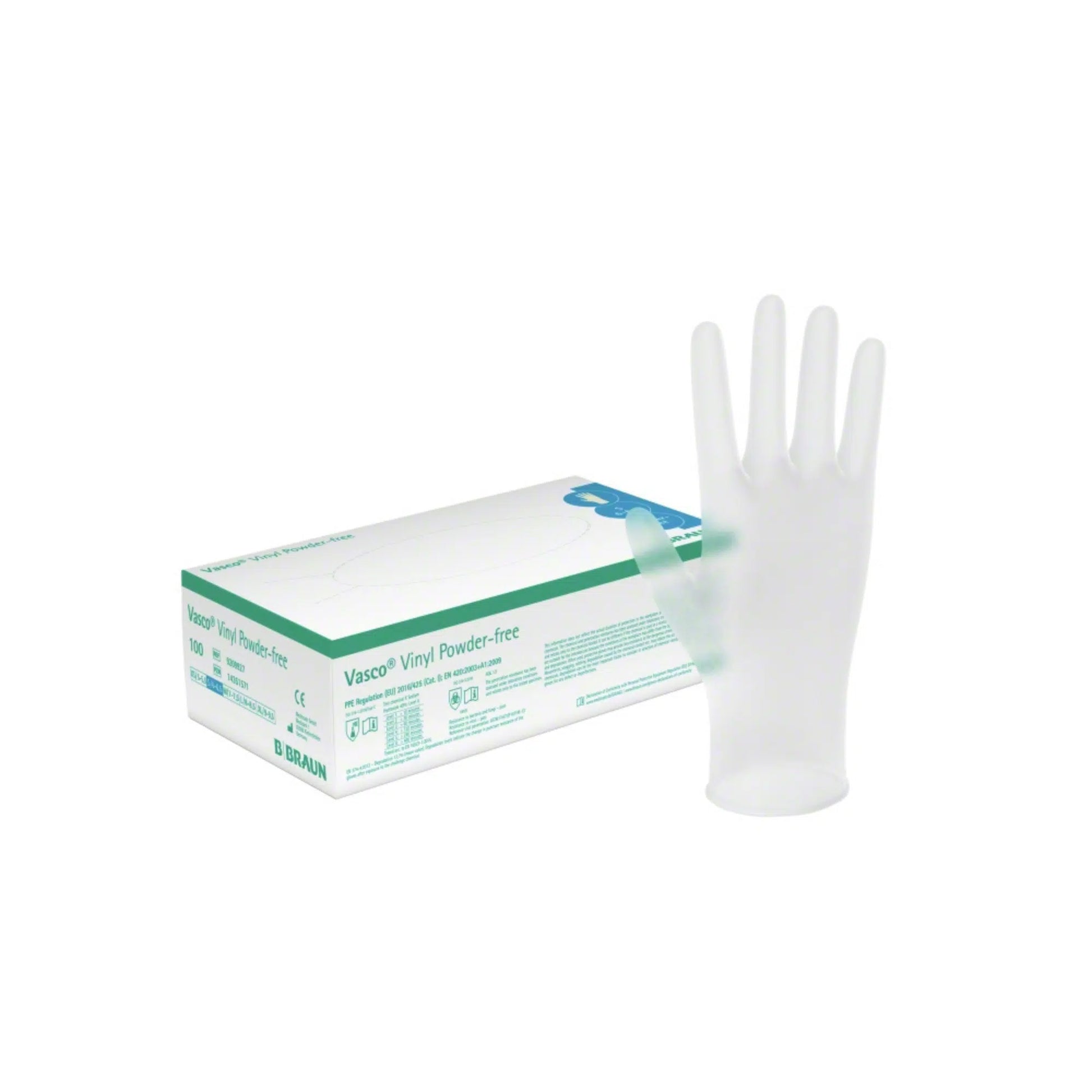 Eine Schachtel B. Braun Vasco® Vinyl Powder-free Einmalhandschuhe wird ausgestellt, daneben steht ein einzelner Handschuh aufrecht. Die überwiegend weiße Verpackung mit grünen Akzenten betont die Chemikalienbeständigkeit, und auf der Schachtel sind verschiedene Produktdetails aufgedruckt.