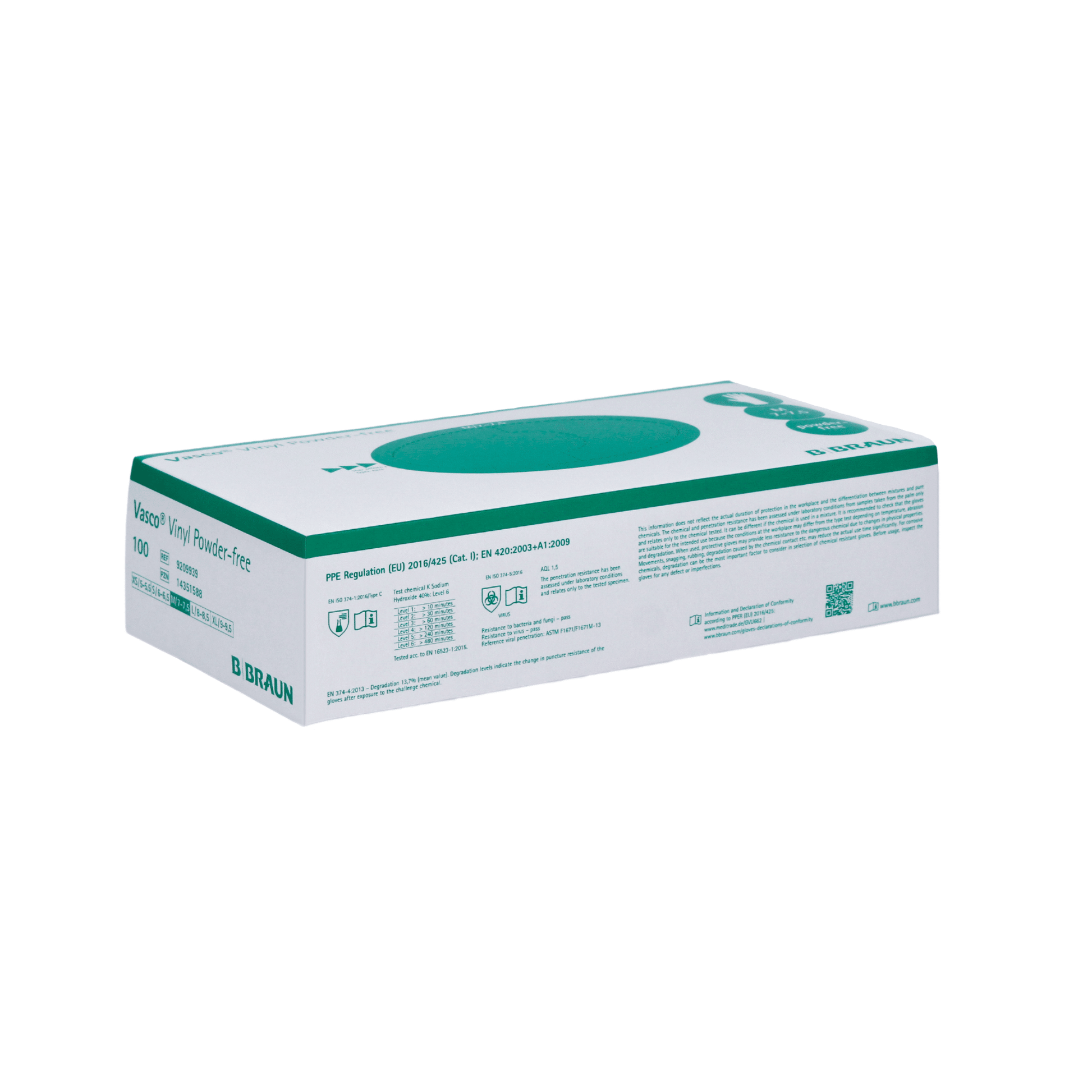 Eine Schachtel B. Braun Vasco® Vinyl Powder-free Einmalhandschuhe in Weiß und Grün, die 100 latexfreie Einmalhandschuhe enthält. Die Verpackung enthält Produktinformationen, behördliche Vorschriften und betont die chemische Beständigkeit für mehr Sicherheit.