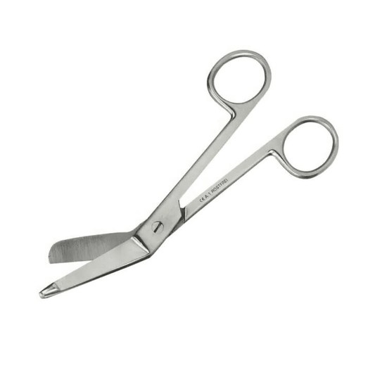 Eine Verbandschere nach Lister von Servoprax GmbH mit Edelstahlklingen und runden Griffen. Diese sterile Verbandschere ist für sicheres Schneiden mit einer stumpfen Spitze an einer Klinge ausgestattet und eignet sich ideal für den präzisen und hygienischen Einsatz in verschiedenen medizinischen Umgebungen.