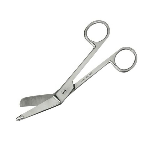Die Verbandschere Kniegebogen nach Lister - 20 cm von Servoprax GmbH ist eine medizinische Schere aus rostfreiem Stahl mit gebogenen, stumpfen Klingen und zwei Fingerschlaufen. Sie ist aus rostfreiem Stahl gefertigt und bietet Sicherheit beim Schneiden in der Nähe der Haut oder empfindlicher Materialien und minimiert die Verletzungsgefahr.