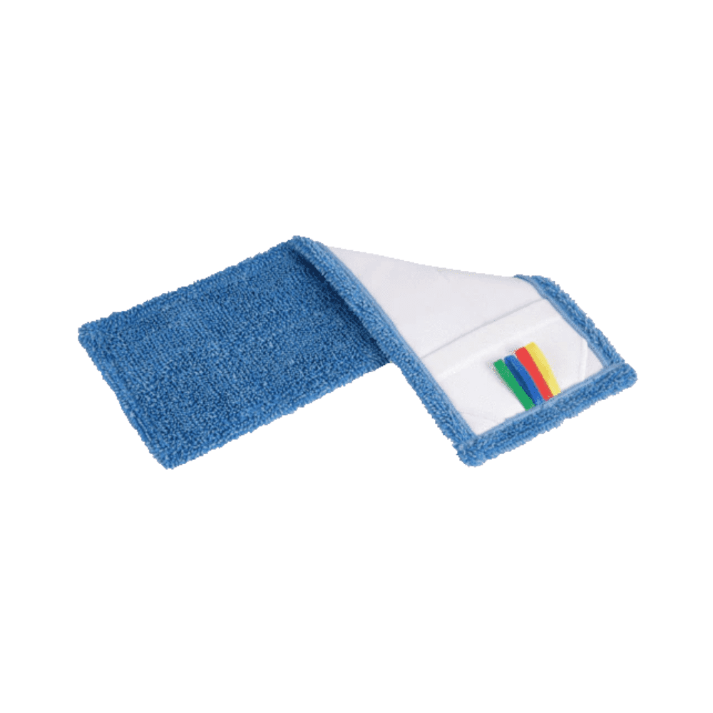 Ein Vileda Base Loop Mop Wischbezug der Vileda GmbH wird mit einer blauen Mikrofaseroberfläche und einer weißen Unterseite mit mehrfarbigen Etiketten gezeigt. Dieses vielseitige Zubehör verbessert die Reinigungsleistung des Vileda Base Loop Mop, der für seine hohe Wasseraufnahme bekannt ist.