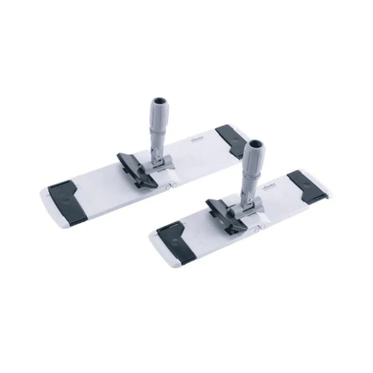 Der Vileda GmbH Professional CombiSpeed Klapphalter beinhaltet zwei weiße und graue Basen mit verstellbaren Griffen, ideal zum Anbringen von Reinigungspads.