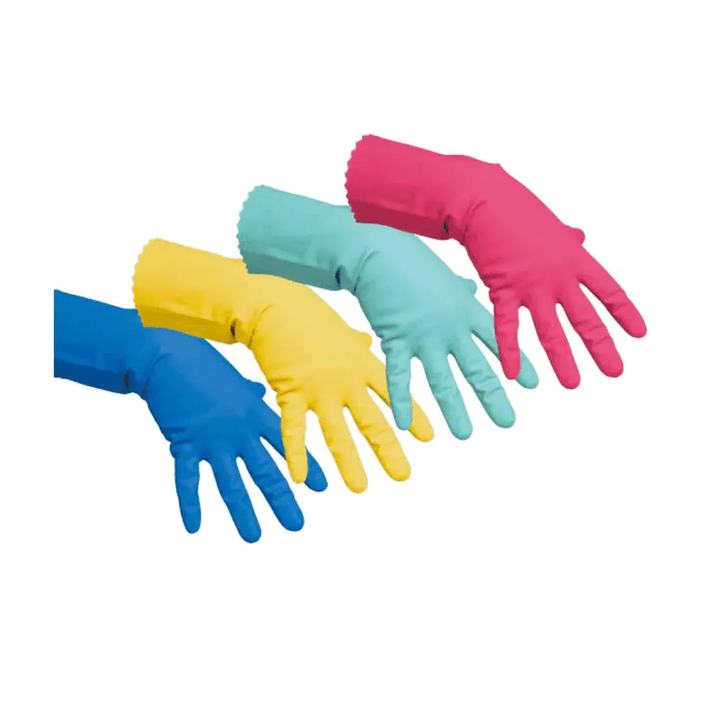 Vier Vileda Professional Mehrzweckhandschuhe, die sich perfekt für Reinigungsarbeiten eignen, sind auf einem weißen Hintergrund aufgereiht. Die Handschuhe, die in verschiedenen Farben erhältlich sind, sind von links nach rechts angeordnet: blau, gelb, blaugrün und rosa. Jeder Handschuh liegt mit der Handfläche nach oben und überlappt den daneben liegenden leicht.