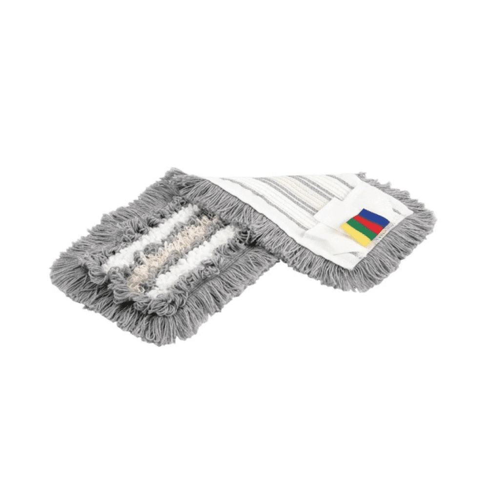 Abgebildet ist ein Vileda SprayPro Edelstahl Bodenreinigungssystem-Set mit grauen, weißen und beigen Fasern, perfekt für professionelle Reinigungskräfte. Es verfügt über ein mehrfarbiges Etikett an einem Ende und liegt auf einem weißen Hintergrund. Es bietet eine effiziente Reinigungslösung von Vileda GmbH.