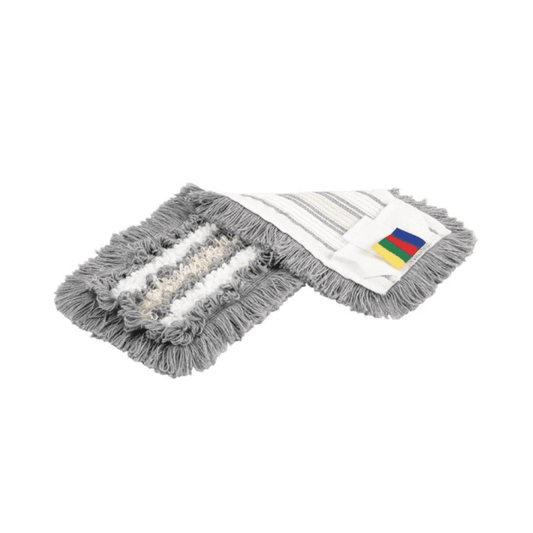 Abgebildet ist ein Vileda SprayPro Edelstahl Bodenreinigungssystem-Set mit grauen, weißen und beigen Fasern, perfekt für professionelle Reinigungskräfte. Es verfügt über ein mehrfarbiges Etikett an einem Ende und liegt auf einem weißen Hintergrund. Es bietet eine effiziente Reinigungslösung von Vileda GmbH.