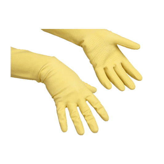 Ein Paar gelbe Vileda Professional SafeGrip - Der griffige Naturlatexhandschuh-Küchenhandschuhe von Vileda GmbH mit strukturierter Griffigkeit an den Handflächen, wobei ein Handschuh mit der Handfläche und der andere mit dem Handrücken gezeigt wird, ideal für Reinigungsarbeiten.