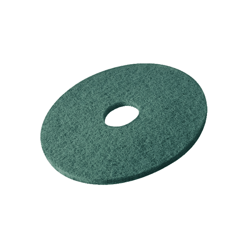 Ein Vileda Professional DynaCross Superpad der Vileda GmbH in leuchtendem Grün mit kreisförmigem Design und einem Loch in der Mitte scheint mühelos vor einem schlichten weißen Hintergrund zu schweben.