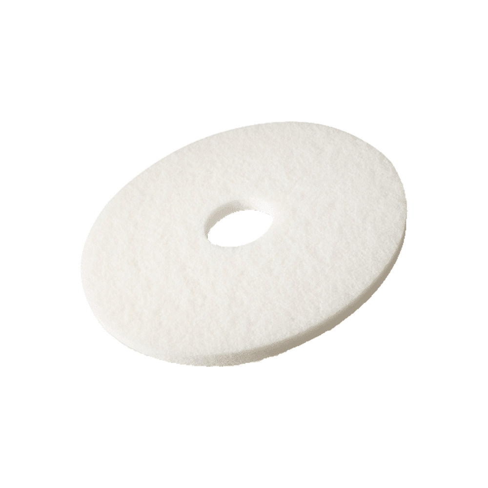 Das Vileda Professional DynaCross Superpads Bodenscheiben von Vileda GmbH ist ein rundes, weißes Bodenreinigungspad mit zentralem Loch zur einfachen Befestigung an einer Poliermaschine. Seine leicht strukturierte Oberfläche sorgt für eine effiziente und hochwertige Bodenpflege.