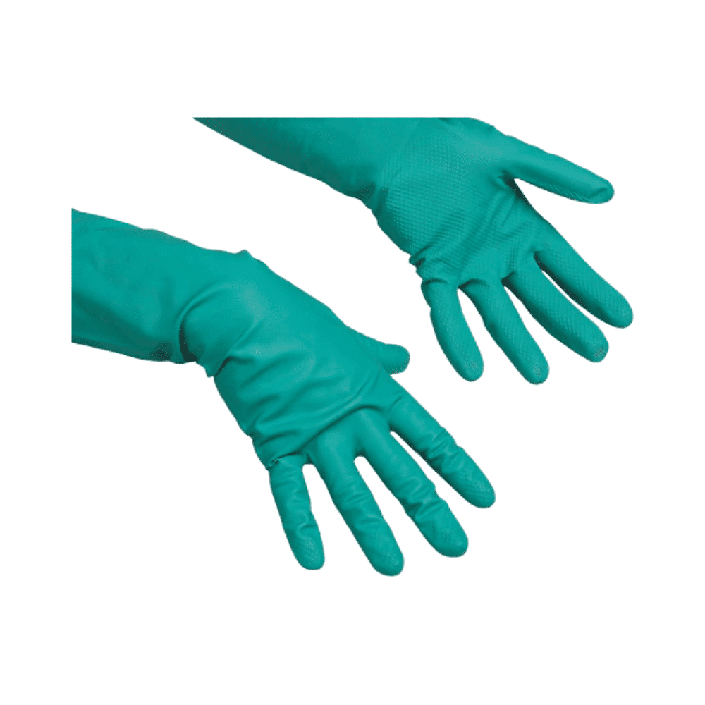 Wir präsentieren den Vileda Professional Universal - Der Vielseitige Nitrilhandschuh von Vileda GmbH, ein Paar blaugrüne Reinigungshandschuhe aus Gummi, die sich ideal für Personen mit Latexallergien eignen. Diese Handschuhe haben strukturierte Handflächen und Finger für besseren Halt und sind für ihre chemische Beständigkeit bekannt. Das Bild zeigt einen Handschuh mit der Handfläche nach oben und der anderen nach unten vor einem einfachen weißen Hintergrund.