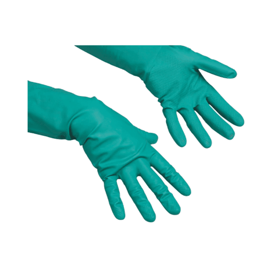 Wir präsentieren den Vileda Professional Universal - Der Vielseitige Nitrilhandschuh von Vileda GmbH, ein Paar blaugrüne Reinigungshandschuhe aus Gummi, die sich ideal für Personen mit Latexallergien eignen. Diese Handschuhe haben strukturierte Handflächen und Finger für besseren Halt und sind für ihre chemische Beständigkeit bekannt. Das Bild zeigt einen Handschuh mit der Handfläche nach oben und der anderen nach unten vor einem einfachen weißen Hintergrund.