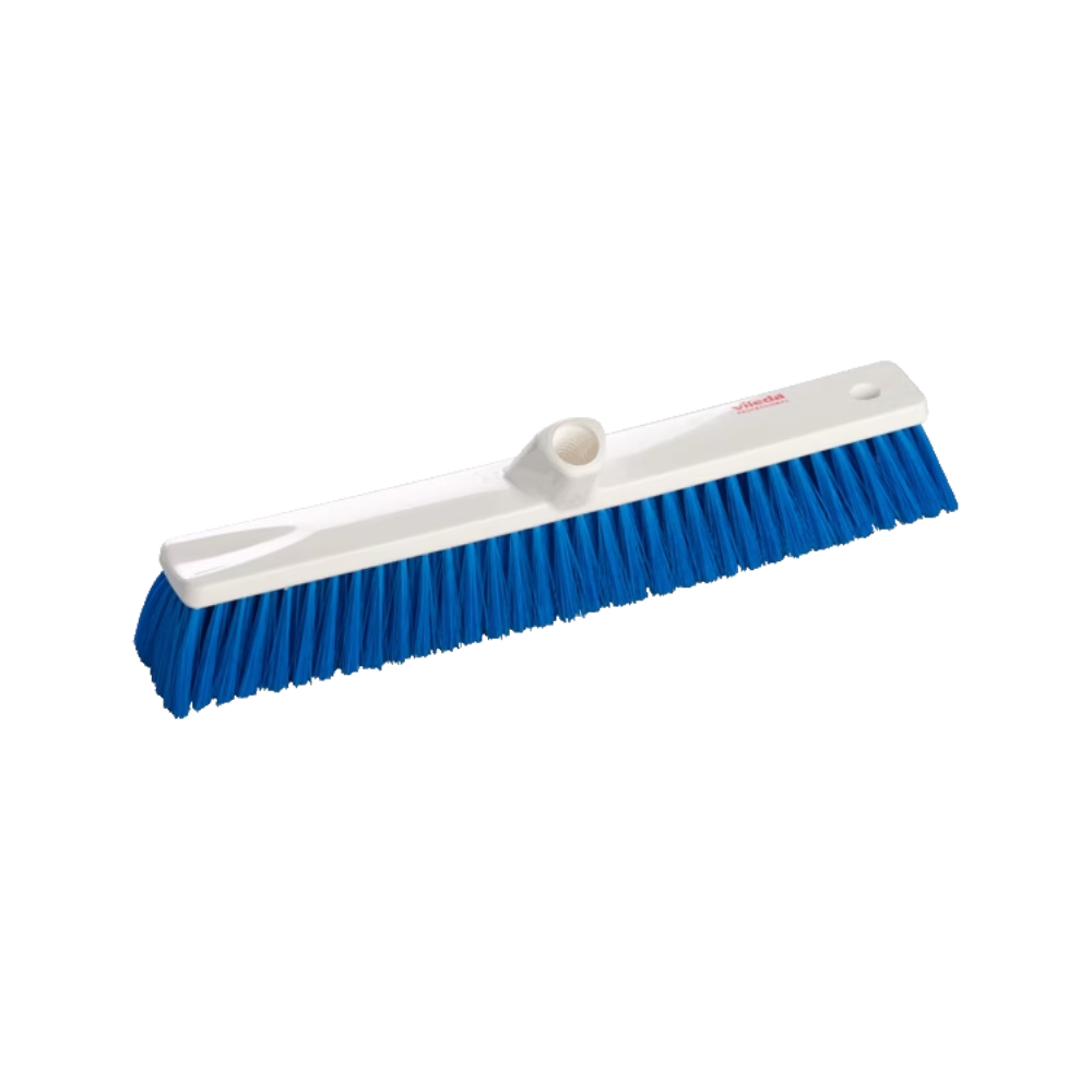 Ein Vileda Professional Besen von Vileda GmbH mit einem 30 cm breiten Besenkopf mit hellblauen Borsten aus Polyester-PBT-Fasern und einer weißen Kunststoffrückseite. Er verfügt über eine zentrale Öffnung zur einfachen Befestigung des Griffs, was Effizienz und Sauberkeit gewährleistet. Dieses Einzelpackungsprodukt ist für effektives Kehren konzipiert.