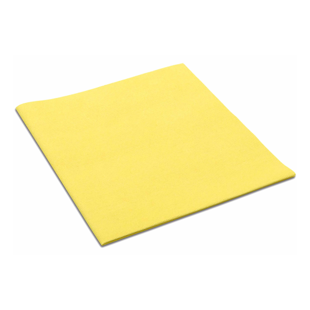 Ein sauber gefaltetes Vileda MicroClean Plus Microfasertuch der Vileda GmbH liegt auf einem schlichten weißen Hintergrund und steht für tadellose Reinigungsleistung und unerschütterliche Hygienestandards.