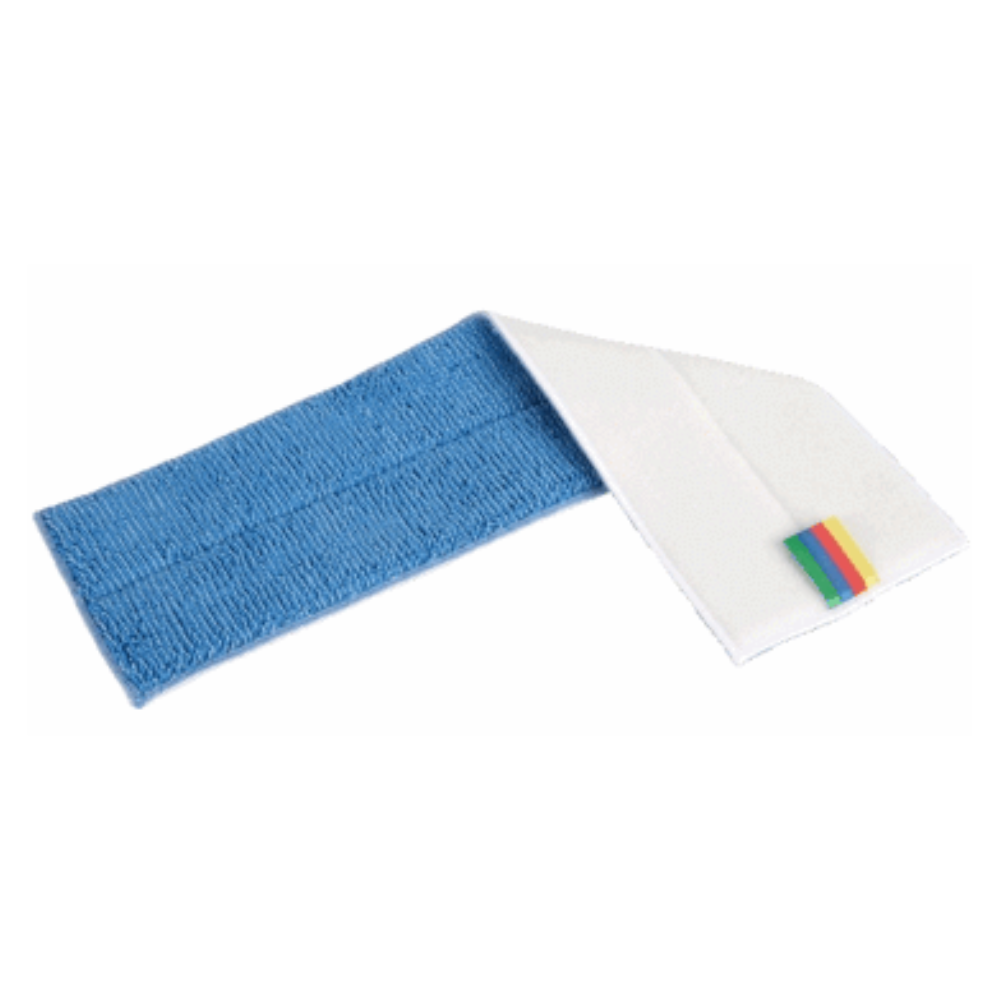 Ein blau-weißer Vileda Professional Express BaseLoop Mop, 40 cm, mit gefalteter Ecke von Vileda GmbH, mit ihrer fortschrittlichen Technologie. Das gestreifte Etikett enthält ein Farbcodierungssystem zur einfachen Identifizierung.