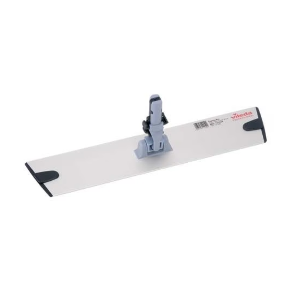 Der Vileda GmbH Professional Express Pro Mophalter - 40 cm | Packung (1 Stück) umfasst einen flachen Mopkopf mit hellgrauer rechteckiger Basis und zentralem Scharnieraufsatz, ideal für die professionelle Reinigung. Sein ergonomisches Trapezdesign wird durch leicht erhöhte Kanten und kleine dunkelgraue Pads an jeder Ecke aufgewertet.