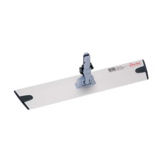 Der Vileda GmbH Professional Express Pro Mophalter - 40 cm | Packung (1 Stück) umfasst einen flachen Mopkopf mit hellgrauer rechteckiger Basis und zentralem Scharnieraufsatz, ideal für die professionelle Reinigung. Sein ergonomisches Trapezdesign wird durch leicht erhöhte Kanten und kleine dunkelgraue Pads an jeder Ecke aufgewertet.