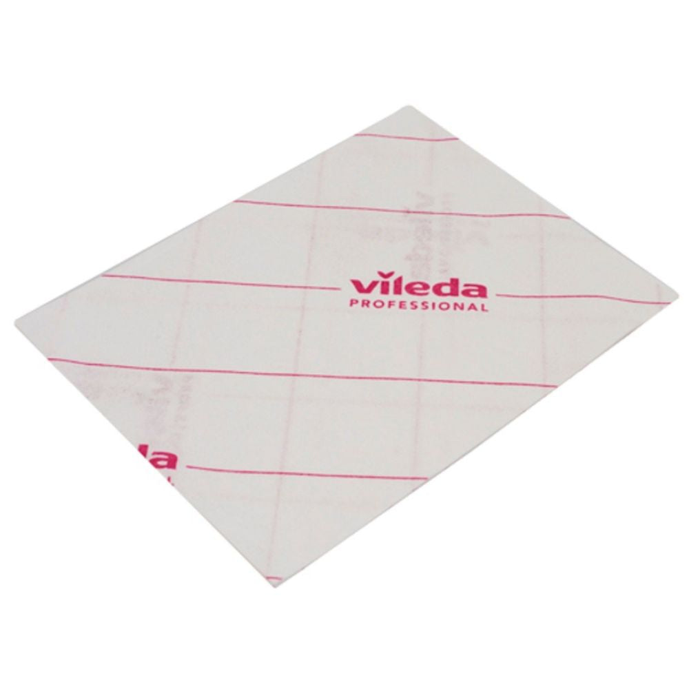 Ein weißes Vileda Professional MicroOne Mikrofasertuch mit roten Linien und rotem Aufdruck „Vileda Professional“ bietet hervorragende Reinigungsergebnisse und erfüllt strenge Hygienestandards. Das rechteckige Tuch mit den Maßen 34 x 27 cm wird flach auf einem einfarbigen Hintergrund präsentiert.