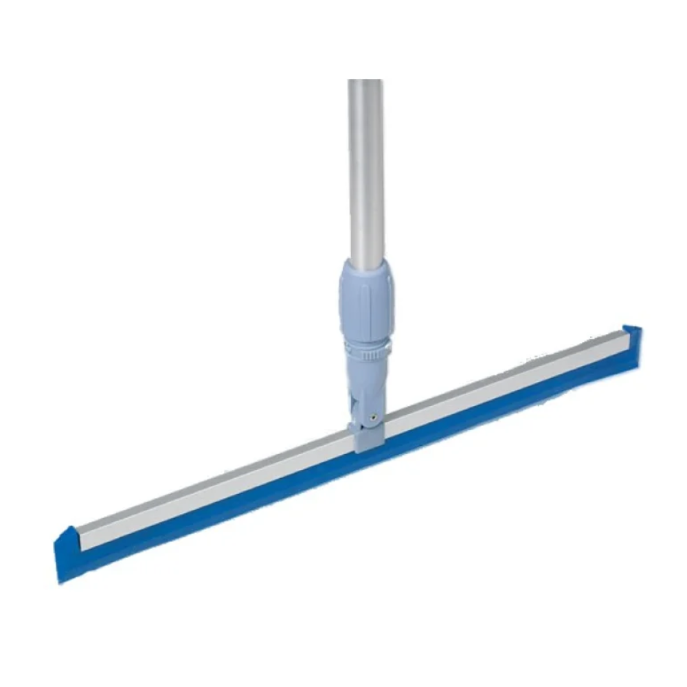 Der Vileda Professional MultiSqueegee Wasserschieber - 50 c von Vileda GmbH wird mit einem langen silbernen Griff mit bequemem hellblauem Griff und einer blauen Gummilippe präsentiert. Dieser Abzieher, der sowohl als Wasserschieber als auch als Abzieher bekannt ist, ist vertikal vor einem schlichten Hintergrund positioniert.