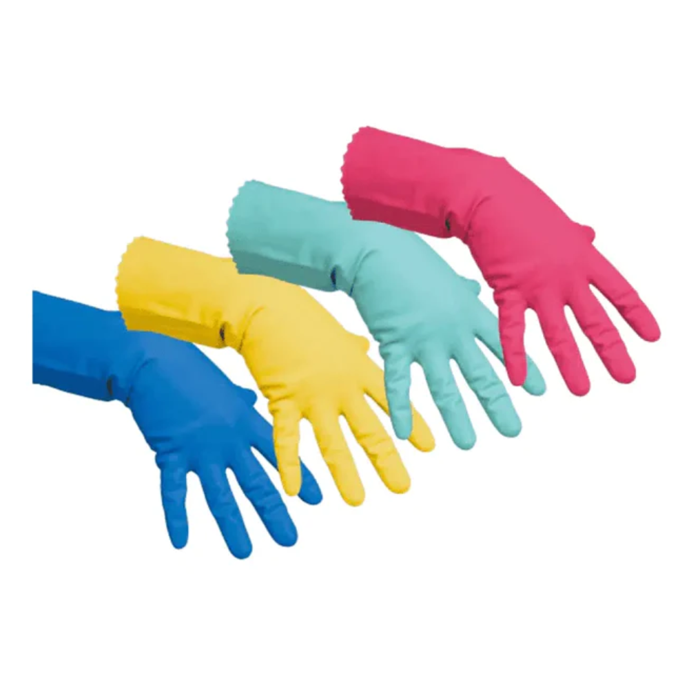 Vier professionelle Mehrzweckhandschuhe der Vileda GmbH, bekannt als „Der Feine Allzweckhandschuh“, werden in auffälligen Farben präsentiert – Blau, Gelb, Grün und Rosa. Die Handschuhe sind in einer Reihe angeordnet, mit ausgebreiteten Fingern nach unten gerichtet auf einem makellos weißen Hintergrund, ideal für Reinigungsaufgaben.