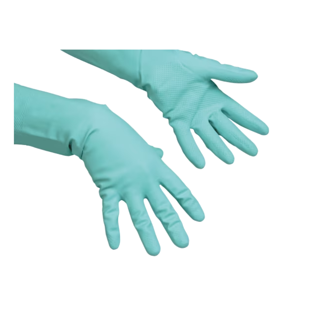 Ein Paar Vileda Professional Mehrzweckhandschuhe, bekannt als „Der Feine Allzweckhandschuh“ von der Vileda GmbH, in Grün, ist elegant vor einem weißen Hintergrund abgebildet, wobei die Handfläche eines Handschuhs nach oben und die andere nach unten zeigt, perfekt für Reinigungsarbeiten.