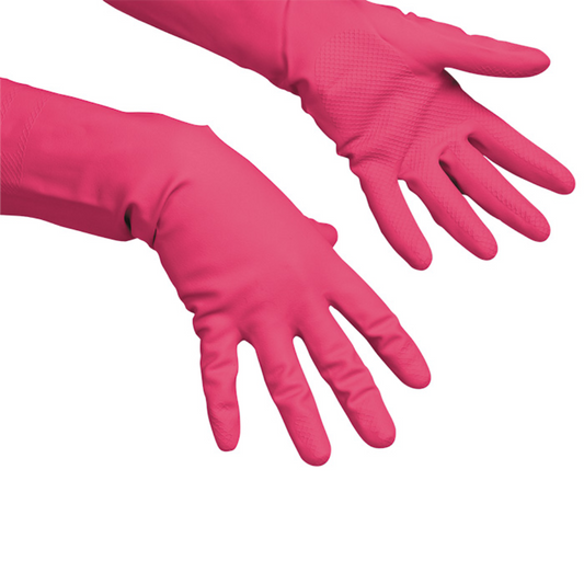 Zwei Vileda Professional Multipurpose - Der Feine Allzweckhandschuh in Rot von Vileda GmbH werden auf weißem Hintergrund abgebildet. Diese Handschuhe, die sich perfekt für Reinigungsarbeiten eignen, sind mit den Handflächen nach oben und den leicht gespreizten Fingern abgebildet.
