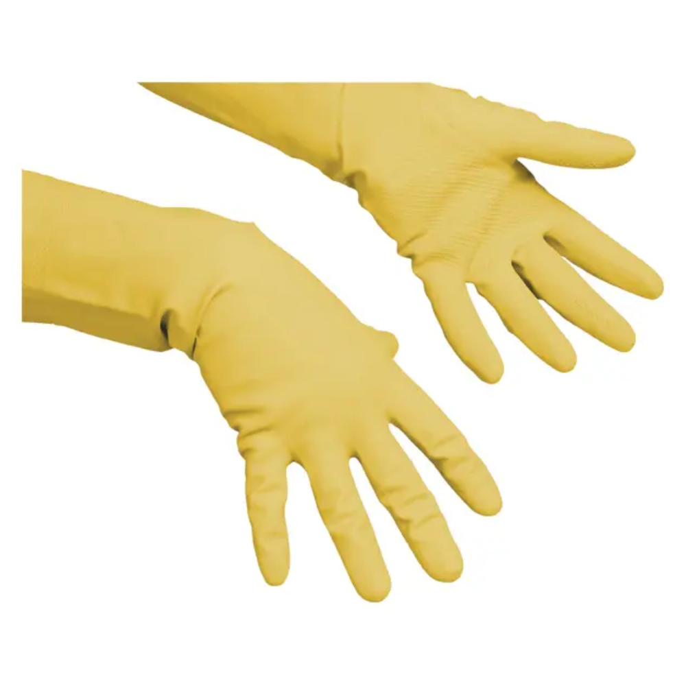 Zwei Vileda Professional Multipurpose - Der Feine Allzweckhandschuh in Gelb von Vileda GmbH sind auf weißem Hintergrund abgebildet, so positioniert, als würden sie mit einer Handfläche nach oben und der anderen nach unten getragen. Diese Handschuhe sind perfekt für Reinigungsarbeiten und bieten zuverlässigen Halt und Schutz bei jeder Aufgabe.