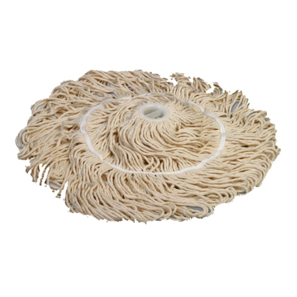 Vor einem schlichten weißen Hintergrund ist der Vileda Professional Twist Mop (Swep) Ersatzmop von Vileda GmbH abgebildet, der seine dicken beigefarbenen Baumwollfäden hervorhebt. Der runde Kunststoffaufsatz in der Mitte ist speziell für eine effektive Bodenreinigung konzipiert und sorgt dafür, dass Ihre Böden makellos und makellos bleiben.