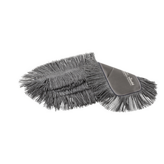 Der Professional Wischmop Swep Single r-MicroTechmop - 50 cm der Vileda GmbH verfügt über einen grauen Mikrofaser-Reinigungshandschuh aus recycelten Materialien mit langen, weichen Fasern in gefalteter Position.