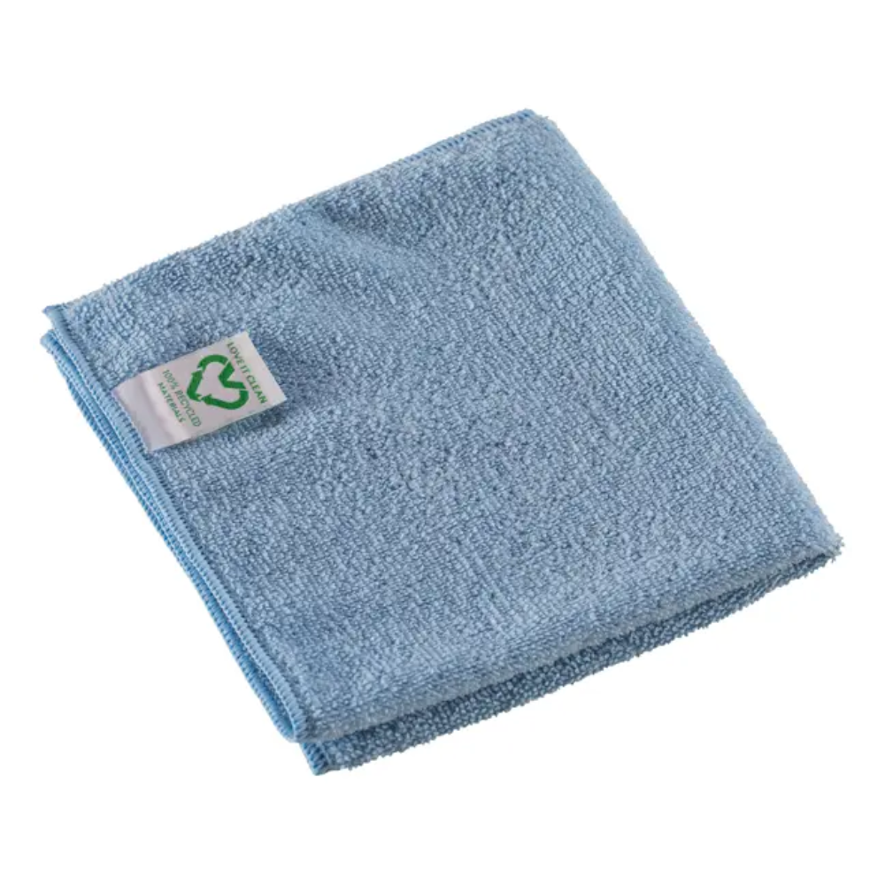 Ein gefaltetes blaues Vileda Professional r-MicroTuff Swift Microfasertuch der Vileda GmbH ist mit einem kleinen weißen Etikett mit einem grünen Recyclingsymbol versehen. Dieses Tuch entspricht den HACCP-Standards und verfügt über eine strukturierte Oberfläche für optimale Nutzung. Erhältlich in einer Packung mit 5 Tüchern.