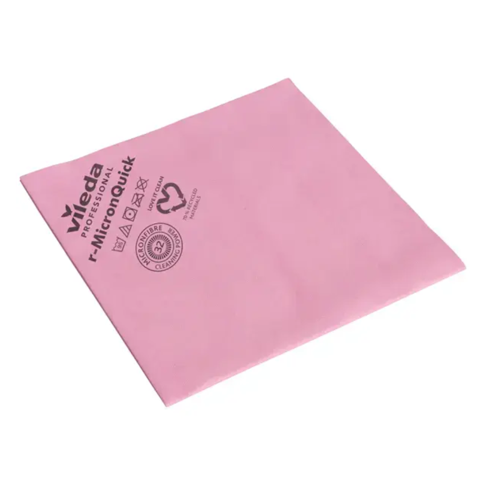 Auf weißem Hintergrund ist ein rosa Vileda Professional r-NanoTech micron Mikrofaser-Reinigungstuch der Vileda GmbH abgebildet. Auf dem Tuch sind Texte und Symbole zu Material, Pflegehinweisen und Wirksamkeit bei der Entfernung von Viren und Bakterien aufgedruckt.