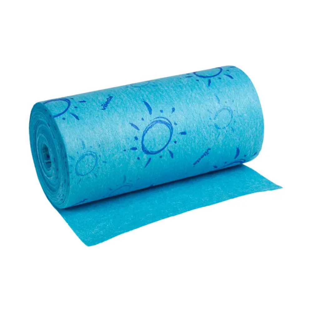 Eine Rolle des Vileda Quick 'n' Dry-Produkts mit den Maßen 25 cm x 10 m, aus blauem Schaumstoff mit Sonnenmotiven und dem Wort „Sommer“, ist perfekt für alle, die Wert auf schnelles Trocknen legen. Dieses Angebot der Vileda GmbH ist ideal für Personen, die stark saugfähige Materialien schätzen, und verbindet Stil mit Funktionalität.