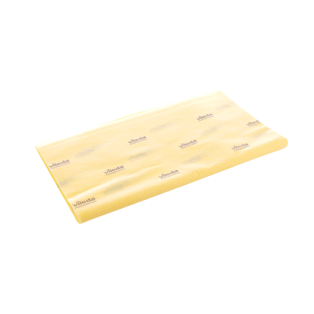 Ein Vileda Professional Staubbindetuch 101 High Performance in Gelb von Vileda GmbH ist ordentlich gefaltet und weist ein dezentes Strukturmuster mit kleinen, auf der Oberfläche aufgedruckten Textlogos auf. Das Tuch ist auf einem schlichten weißen Hintergrund abgebildet.