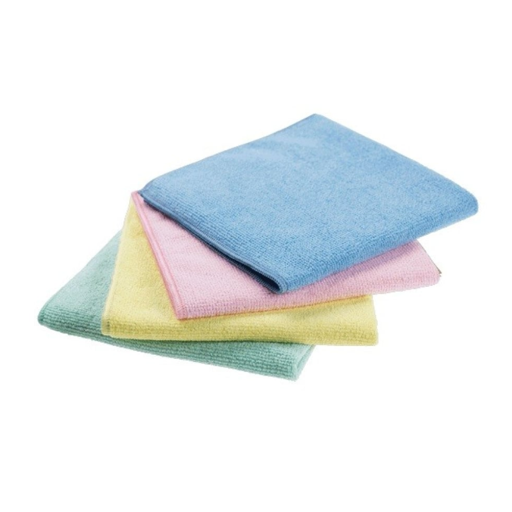 Vier gefaltete quadratische Vileda Professional MicroTuff Swift Microfasertücher in Blau, Rosa, Gelb und Grün liegen übereinander. Die weichen Tücher der Vileda GmbH versprechen hervorragende Reinigungsleistung und sind auf einem schlichten weißen Hintergrund zu sehen.