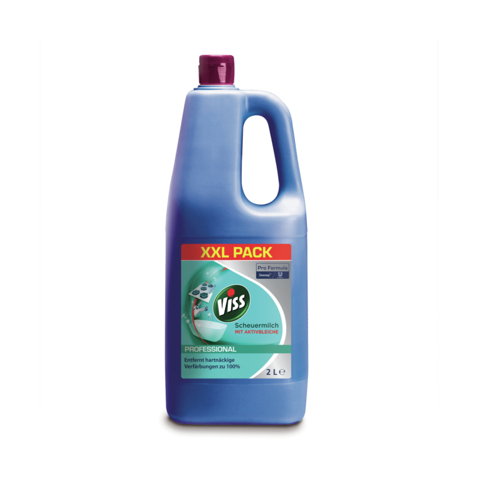 Eine 2-Liter-Flasche VISS Professional Scheuermilch mit natürlichen Mikropartikeln von Diversey Deutschland GmbH & Co. OHG, in blauer Farbe und violettem Verschluss. Das Etikett zeigt „XXL-Pack“ und betont die antibakteriellen Eigenschaften und die Wirksamkeit der Kalkentfernung, die durch die leistungsstarken Reinigungspartikel noch verstärkt wird.