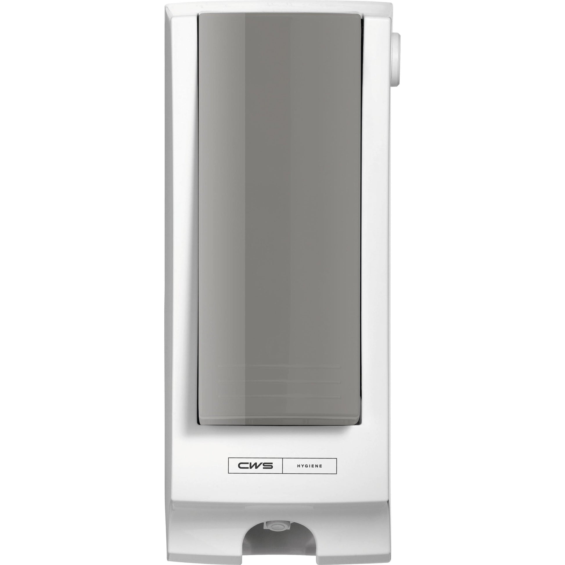 Der CWS Frontpanel für Paradise Seatcleaner ist ein wandmontierter, rechteckiger Spender mit transparenter Frontplatte und weißem Rahmen, der mit einem kleinen Druckhebel und dem CWS-Markennamen im unteren Bereich ausgestattet ist.