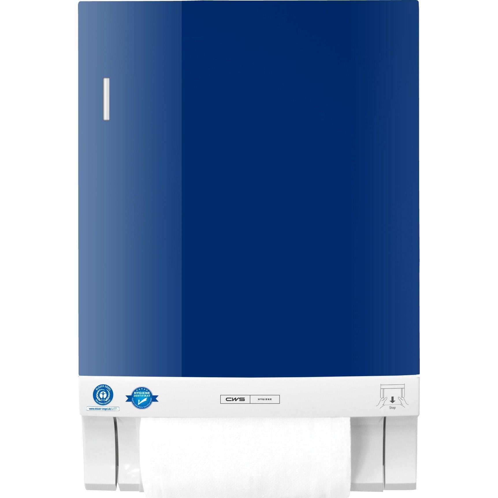 Das CWS Frontpanel für Stoffhandtuchspender Dry Slim ist ein wandmontiertes Gerät mit blauer Frontplatte, weißem Boden und sichtbarer Papierhandtuchrolle. Auf der Vorderseite befinden sich zwei Zertifizierungsaufkleber und das CWS-Markenetikett.
