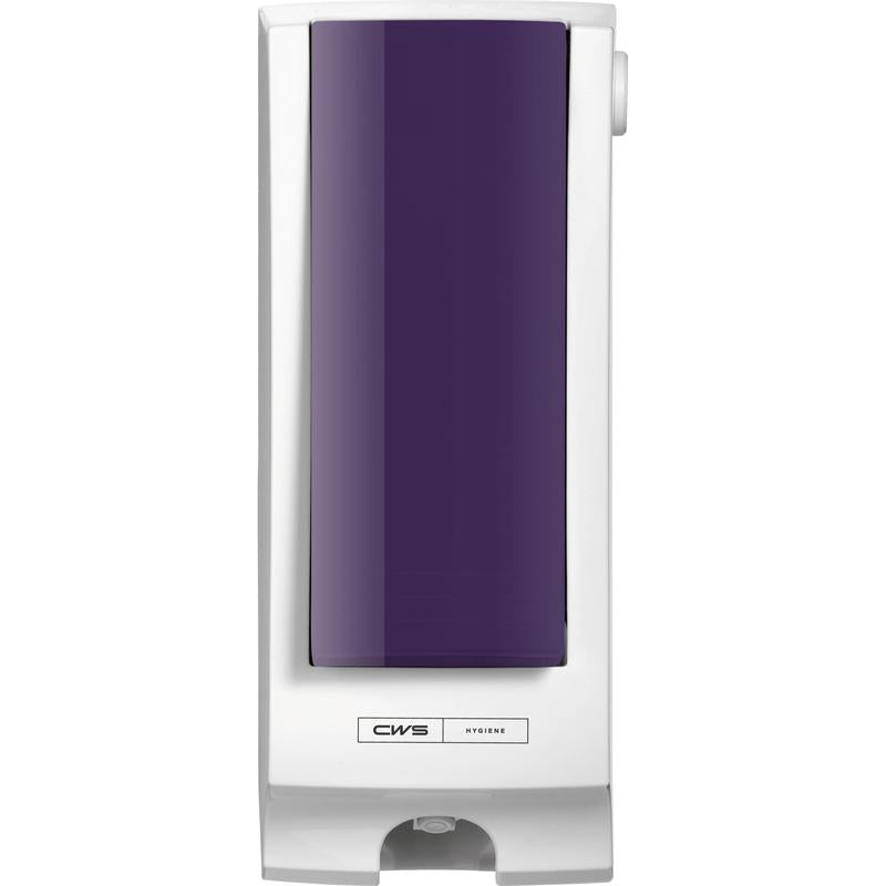 Ein wandmontierter CWS Toilettensitzreiniger-Spender mit weißem Korpus und einem dunkelvioletten CWS Frontpanel für SeatCleaner, mit dem "CWS Hygiene"-Logo am unteren Rand.
