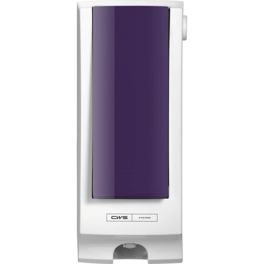 Ein wandmontierter CWS Toilettensitzreiniger-Spender mit weißem Korpus und einem dunkelvioletten CWS Frontpanel für SeatCleaner, mit dem "CWS Hygiene"-Logo am unteren Rand.