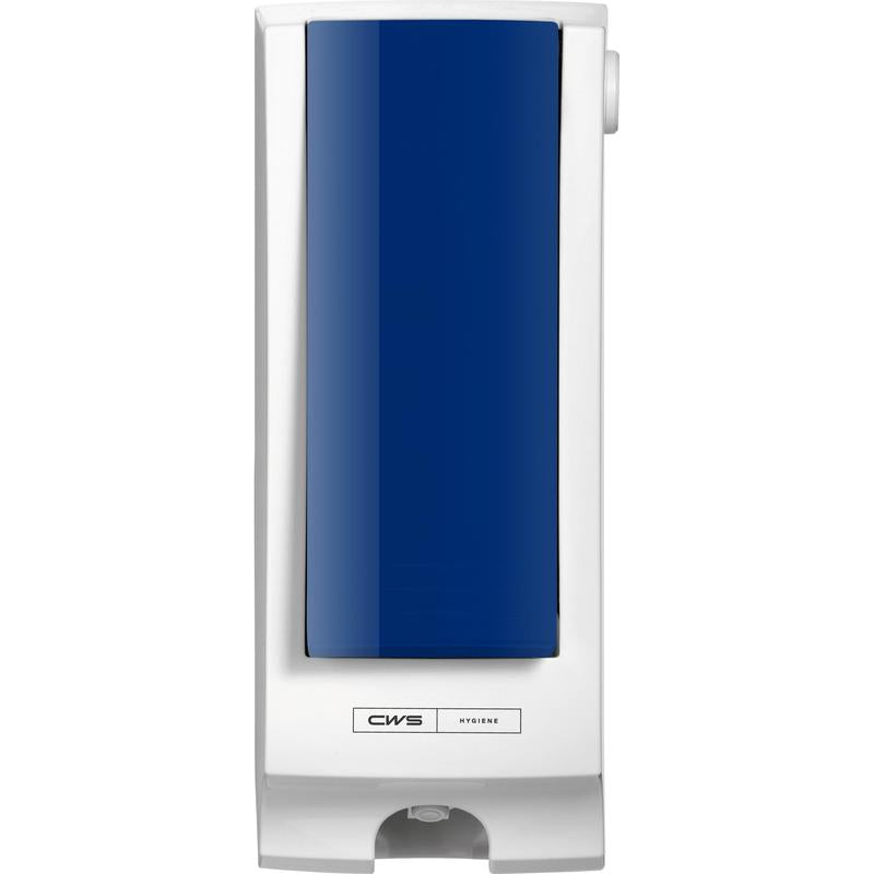 Ein weißer, wandmontierter CWS Toilettensitzreiniger-Spender SeatCleaner mit blauem Frontpanel und Druckknopf. Verfügt über das CWS-Logo und das Etikett "Hygiene" und passt zu anderen CWS-Produkten.